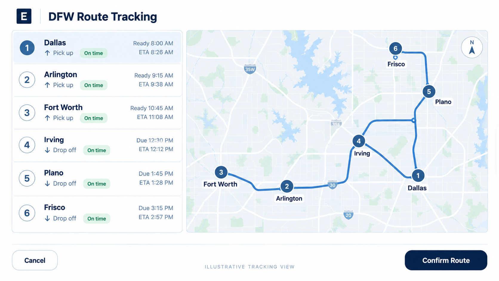Illustrative Eleven89 DFW route tracking interface with six numbered stops and estimated arrival times
