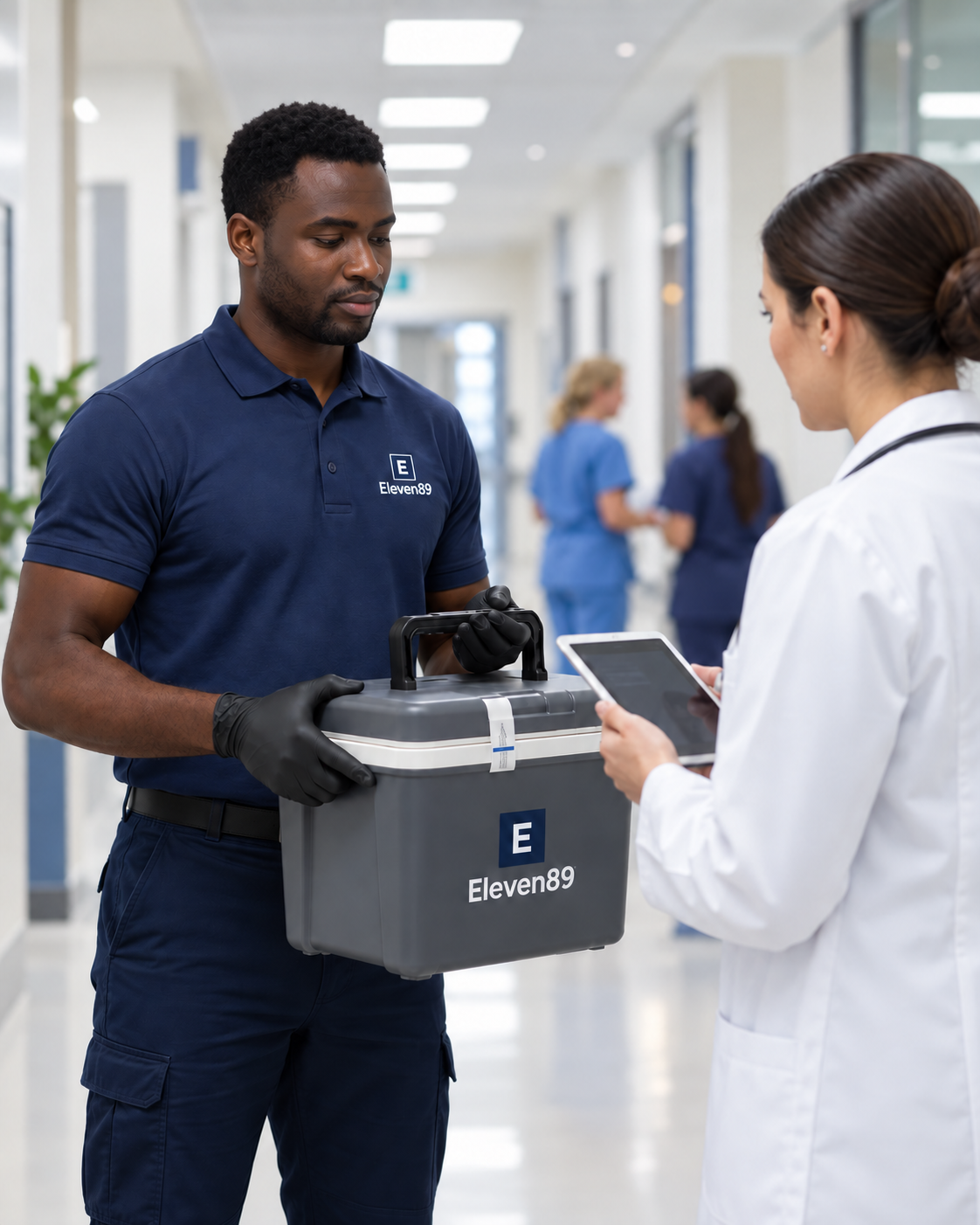 Eleven89 medical courier confirming a secure handoff with a clinician