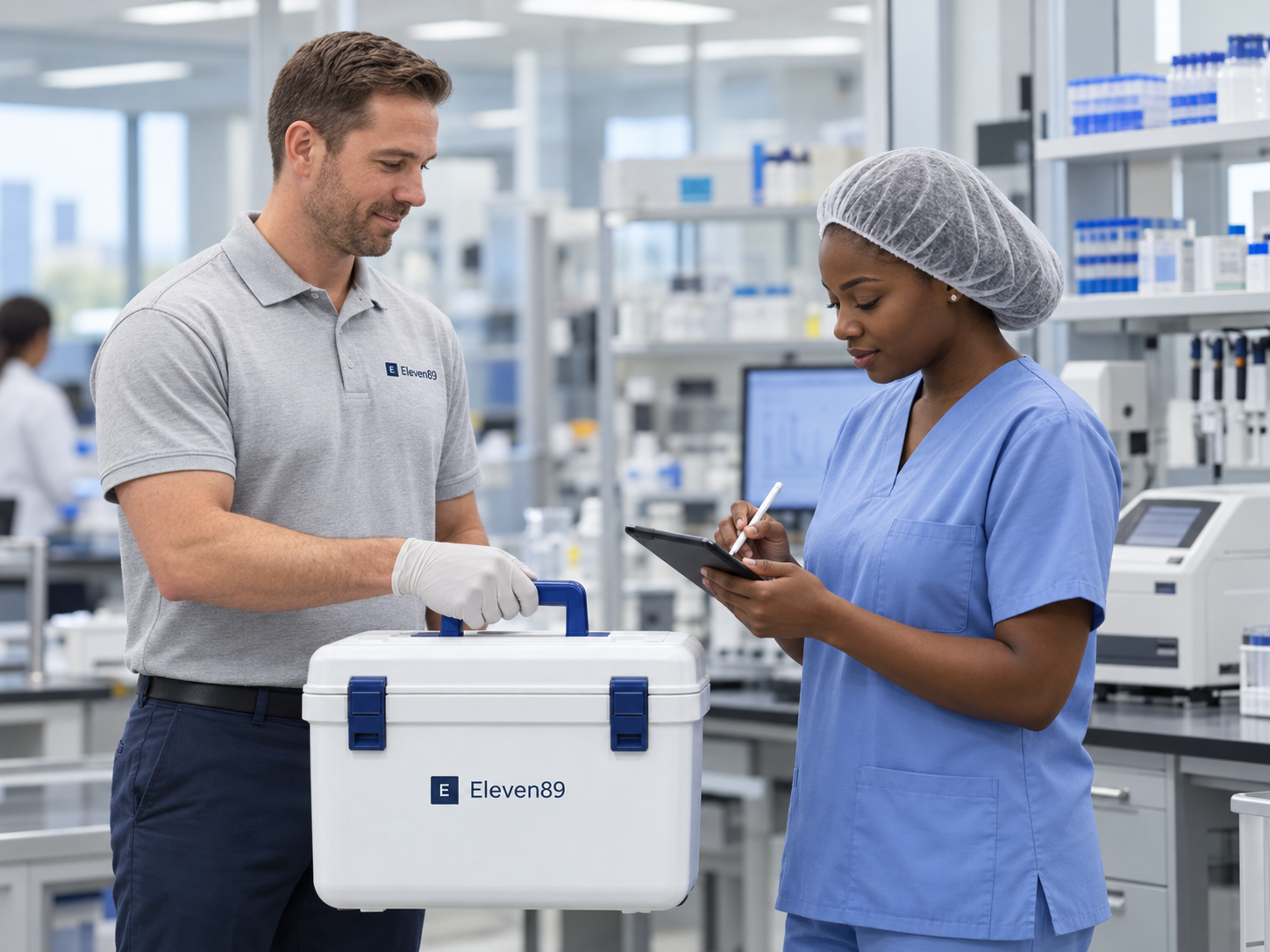 Eleven89 courier completing a documented medical cooler handoff with a laboratory professional