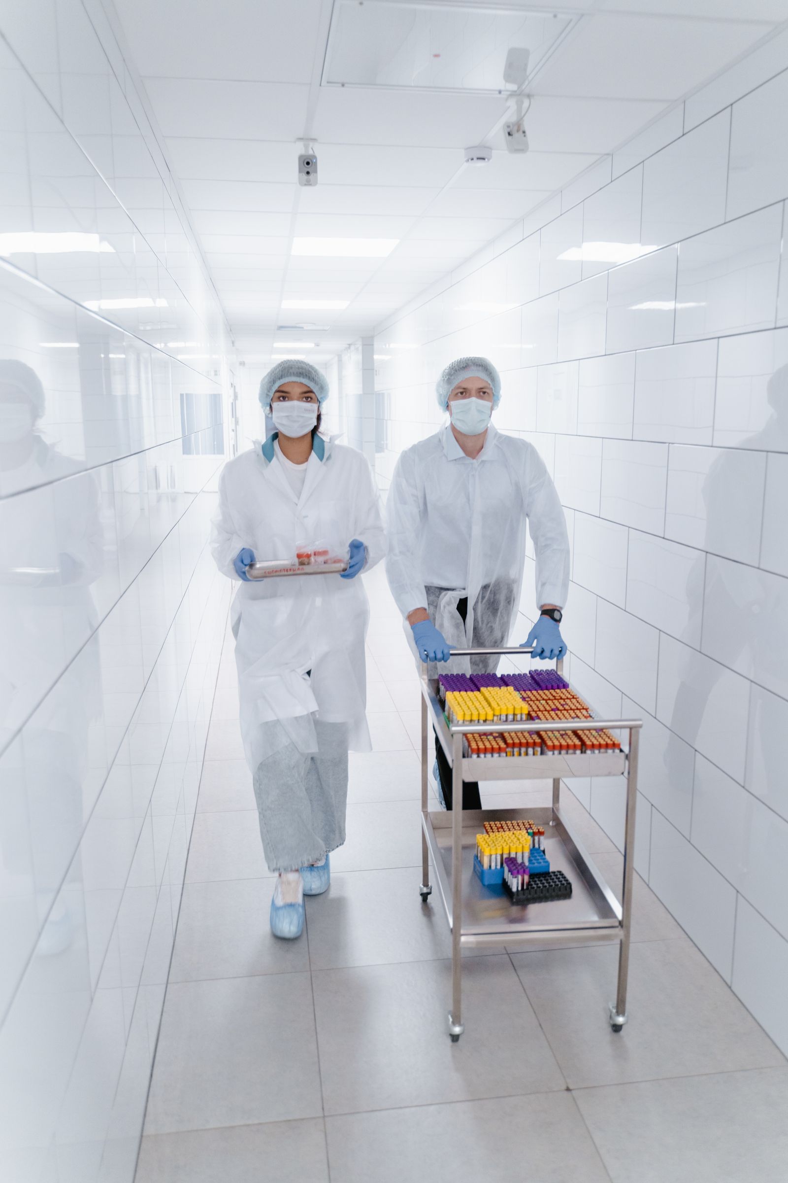 Laboratory professionals transporting prepared samples